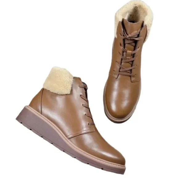 Clarks Mahogany Leather Faux Fur Trim Wedge Boots 8.5 - Picture 3 of 8